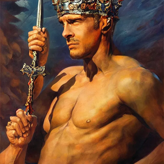 Image similar to an aesthetic! a detailed portrait of a man with a crown, holding a scepter by frank frazetta oil on canvas, dungeons and dragons art, hd, god - rays, ray - tracing, crisp contour - lines, huhd