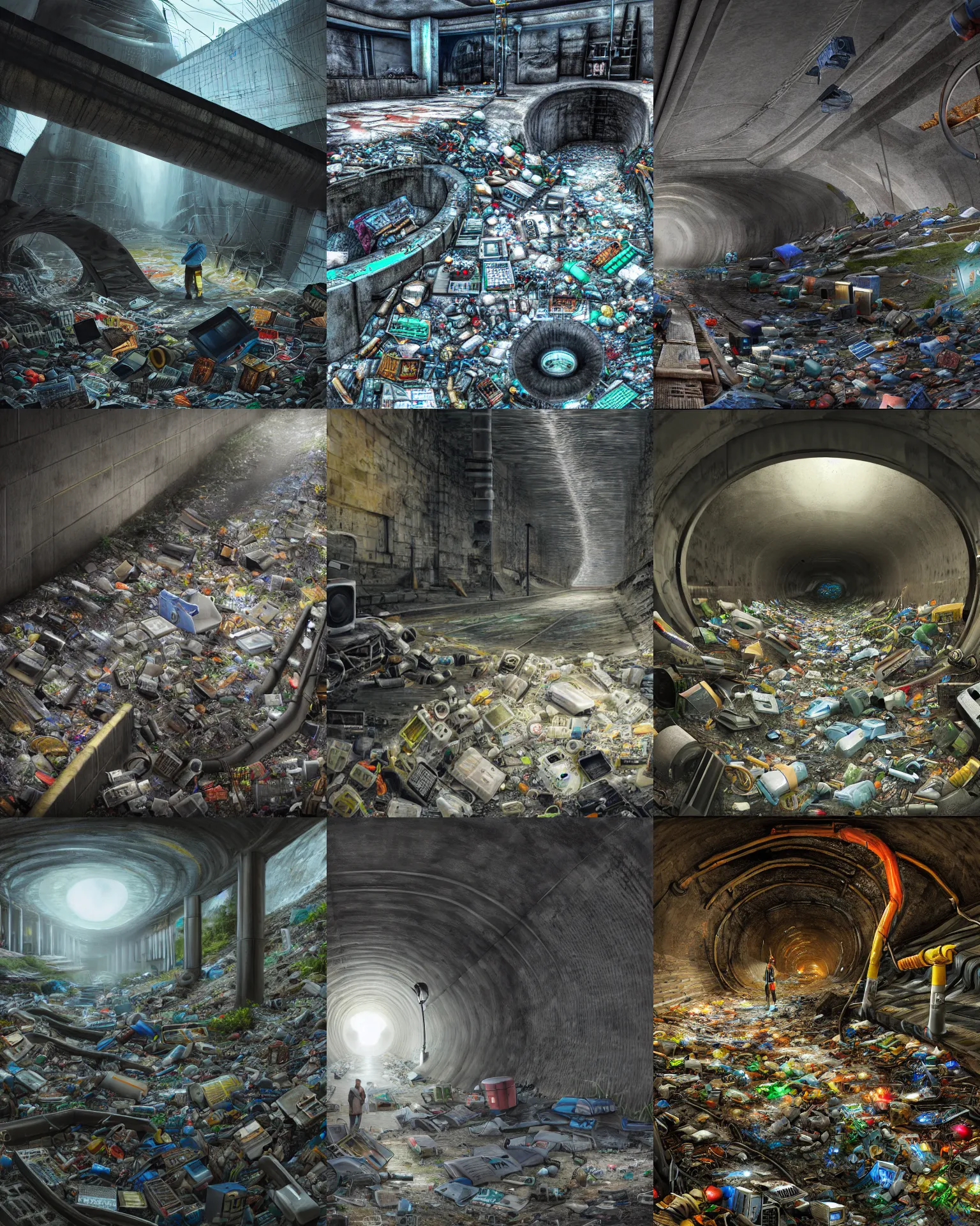 Prompt: detailed digital painting of someone in a very large underground storm sewer, a massive mountain of electronics as trash in the underground storm sewer, cinematic shot, very detailed, maximalism, unreal engine, hyper realism, realistic shading, cinematic composition, blender render, octane render, hdr, detailed textures, photorealistic, very wide shot, 1 6 mm lens