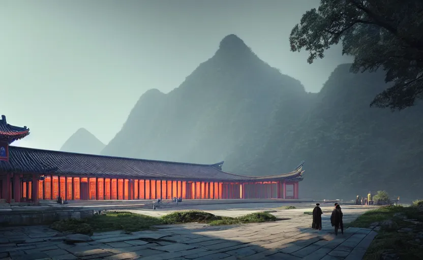 Image similar to exterior shot of utopian train station on in the middle of an ancient chinese temple hill with cinematic lighting by peter zumthor and renzo piano, darek zabrocki and greg ruthkowski, simon stalenhag, cinematic, holy place, paradise, scifi, futurism, atmospheric, concept art, artstation, trending on artstation