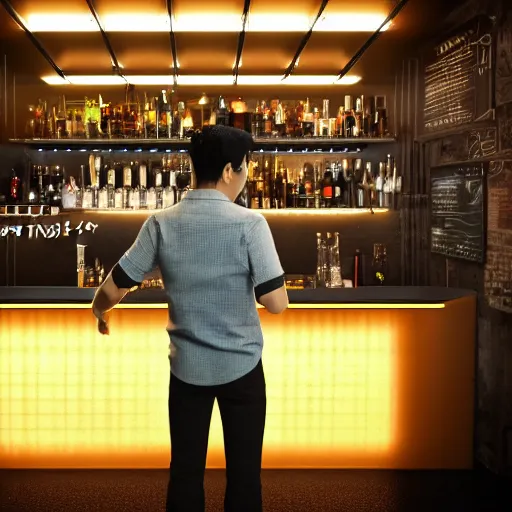 Prompt: an asian man with black hair working behind a futuristic bar, detailed, professional, beautiful, well lit, realistic, hdr, 8k, high resolution, unreal engine 5, photorealistic, scenic, amazing