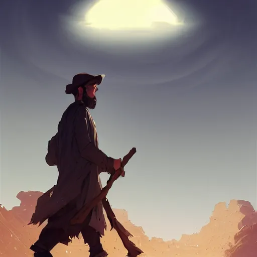 Prompt: a young man with gray hair,a stylish beard,walking through a desert with a glowing stick,digital art,art by greg rutkowski,trevor henderson,rossdraws,character design,concept art,western comic style,sharp lines,photorealiatic,hyperdetailed,detailed face,high quality,professional lighting,deviantart,artstation,professional art
