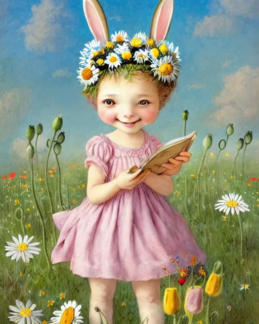 Prompt: a storybook illustration painting of a smiling happy cute bunny wearing a flower crown, daisies and poppies, by antoine de saint - exupery and annabel kidston and naomi okubo and jean - baptiste monge. a child storybook illustration, muted colors, soft colors, low saturation, fine lines, white paper