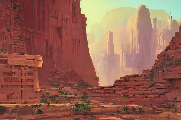 Image similar to an architectural painting of the ruins of an archaic city of ancient persia looming above a canyon by syd mead and and james gilleard in the style of hugh ferriss, ancient persian architrcture by hugh ferriss