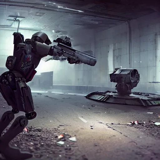 Image similar to combine soldier shooting an robot spider in an abandoned subway, award winning, trending on artstation, unreal engine