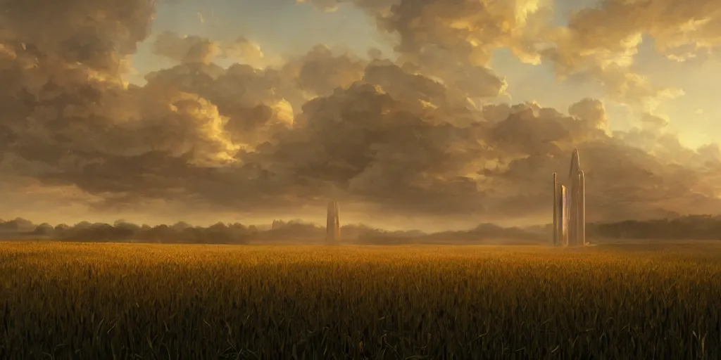 Image similar to wide shot of a tall and thin monolithic structure hovering in the air high above a cornfield, late afternoon, golden hour, highly detailed, smooth, sharp focus, concept art by greg rutkowski and ruan jia