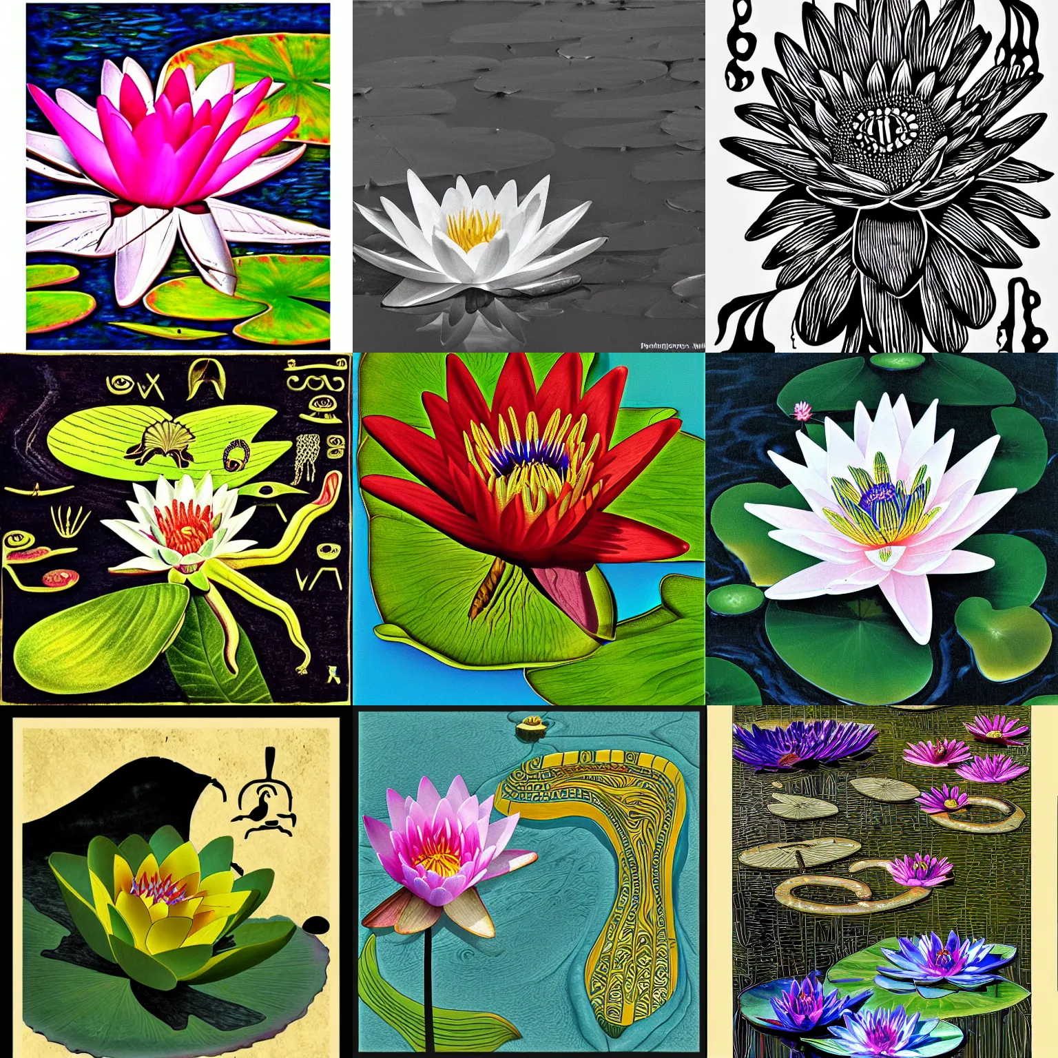 Prompt: Water Lily in the style of Salvador Dali and Egyptian Hieroglyphics