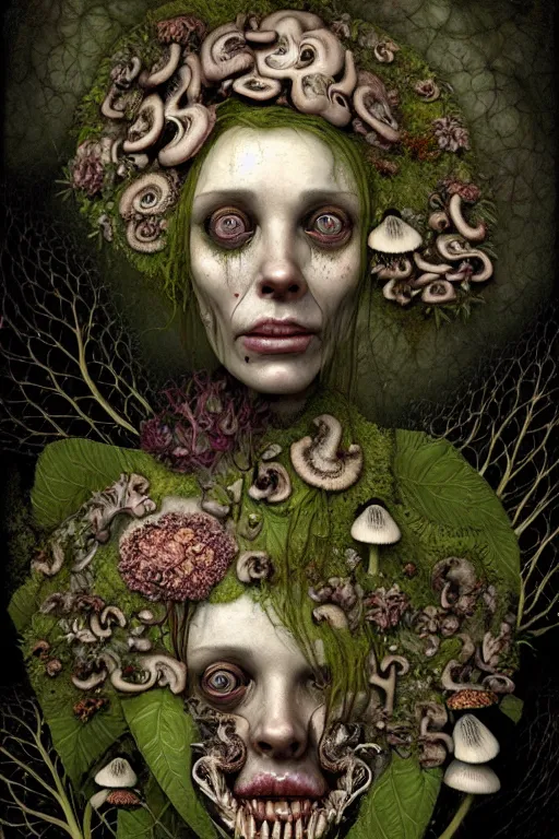 Prompt: sad and detailed rotten woman corpse with fractal plants and fractal flowers and mushrooms growing around, face muscles, veins, arteries, intricate, ornate, surreal, ray caesar, john constable, guy denning, dan hillier