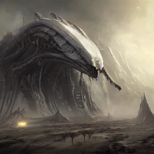 Prompt: epic alien structure by raymond swanland, highly detailed