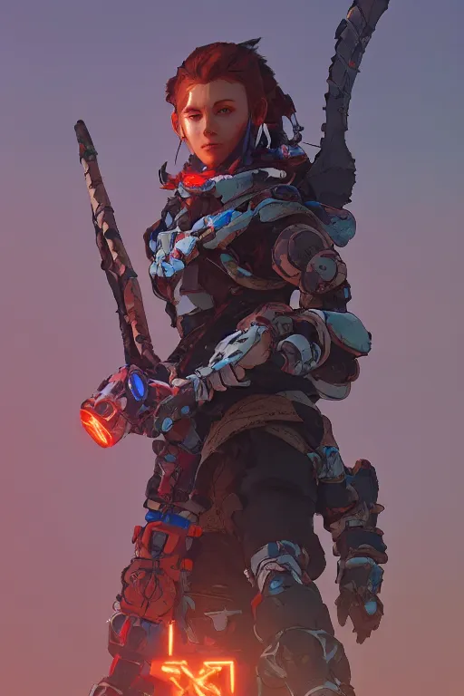 Image similar to combination suit armor aloy horizon forbidden west horizon zero dawn robot ninja mask helmet backpack tribal, aesthetic octane render, 8 k hd resolution, by ilya kuvshinov and cushart krentz and gilleard james radiating a glowing aura cgi rtx 2 0 2 2