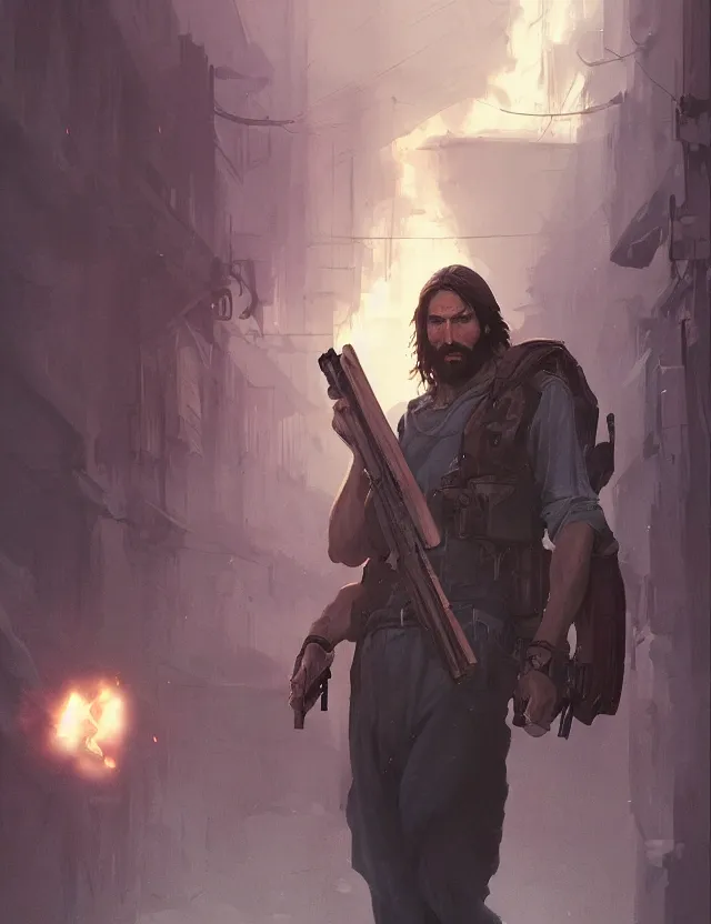 Image similar to jesus with a shotgun, cinematic lighting, highly detailed, concept art, art by wlop and artgerm and greg rutkowski, masterpiece, trending on artstation,