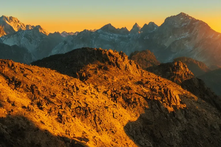 Prompt: a movie still of a mountain landscape at sunset, golden hour