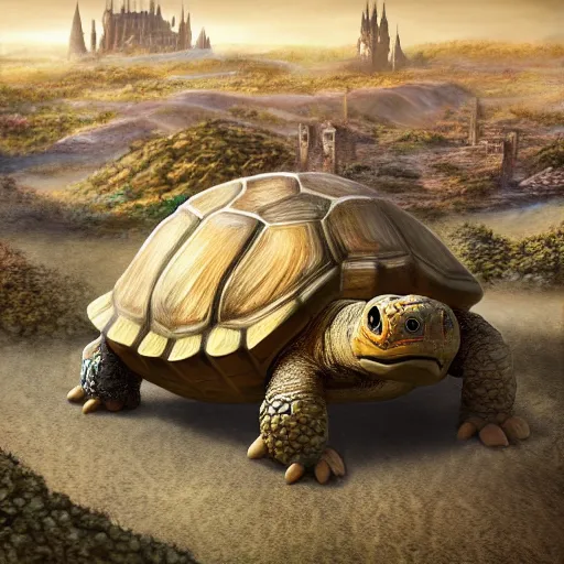Prompt: gargantuan tortoise with a large castle rising from the shell, walking through a sandy wasteland, inspired by howls moving castle and mortal engines, mid - distant shot centered birds eye view, fantasy, hyper detailed, 4 k