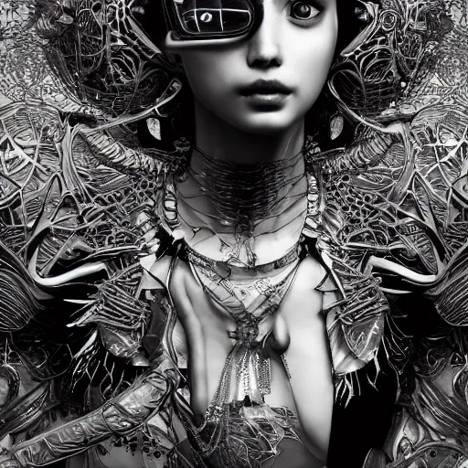 Prompt: the portrait of an absurdly beautiful, graceful, elegant, sophisticated, fashionable cyberpunk gravure idol, an ultrafine hyperdetailed illustration by kim jung gi, irakli nadar, vania zouravliov, intricate linework, bright colors, titanium skin, unreal engine 5 highly rendered, global illumination, radiant light, detailed and intricate environment