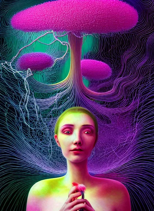 Prompt: hyper detailed 3d render like a painting - Aurora (Singer) seen Eating of the Strangling network of yellowcake aerochrome and milky Fruit and Her delicate Hands hold of gossamer polyp blossoms bring iridescent fungal flowers whose spores black the foolish stars by Jacek Yerka, Mariusz Lewandowski, Houdini algorithmic generative render, Abstract brush strokes, Masterpiece, Edward Hopper and James Gilleard, Zdzislaw Beksinski, Mark Ryden, Wolfgang Lettl, hints of Yayoi Kasuma, octane render, 8k