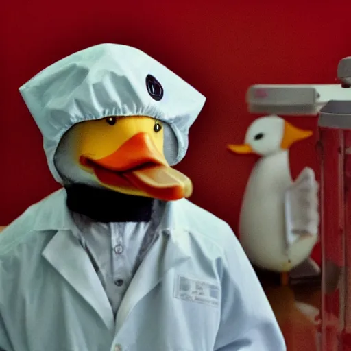 Prompt: a duck wearing a labcoat, a lab in the background