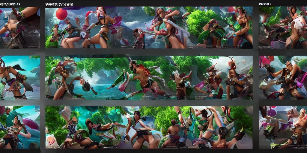 Image similar to beautiful character sheet of pool party Akali (wild rift), views from multiple angles. 3d render, octane render, realistic, highly detailed, 4k, trending on artstation, pixar, cgsociety, unreal engine 5, redshift render, trending on artstation, blender, behance, cg