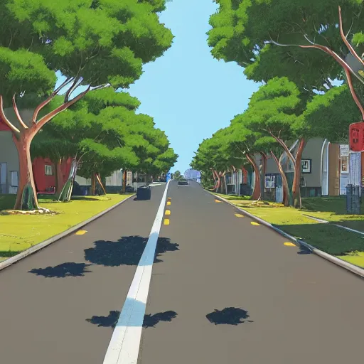 Image similar to neighborhood street, uptown street, golden hour, golden sunshine, trees over road, shining sun in distance, trees, juniper trees, oak trees, cars parked in street, long street, distance, cel - shaded, raytracing, cel - shading, toon - shading, 2 0 0 1 anime, flcl, jet set radio future, drawn by artgerm