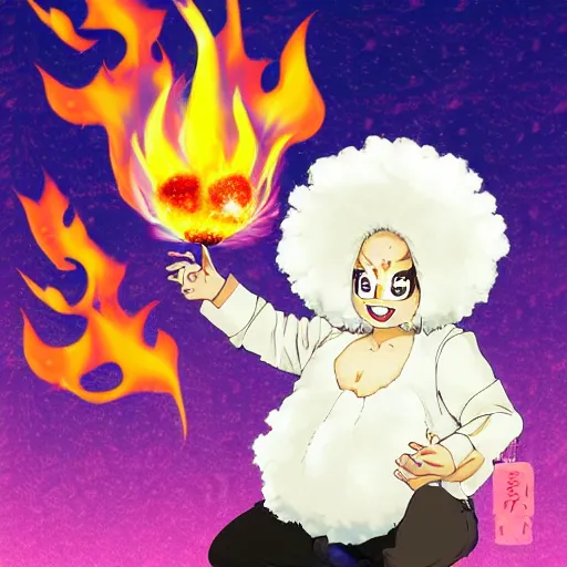 Image similar to fluffy exploding mushroom cloud as popcorn elemental spirit, in the style of a manga character, with a smiling face and flames for hair, sitting on a lotus flower, white background, simple, clean composition, symmetrical