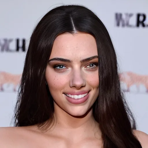 Image similar to a woman who is a genetic combination of kim kardashian and kat dennings and scarlett johansson and margot robbie and emma watson, face and upper - body focus