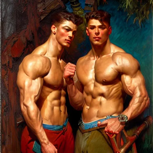 Image similar to attractive muscular bro and muscular attractive broseph, drinking their hearts out, boys night out. highly detailed painting by gaston bussiere, craig mullins, j. c. leyendecker, alphonse mucha 8 k