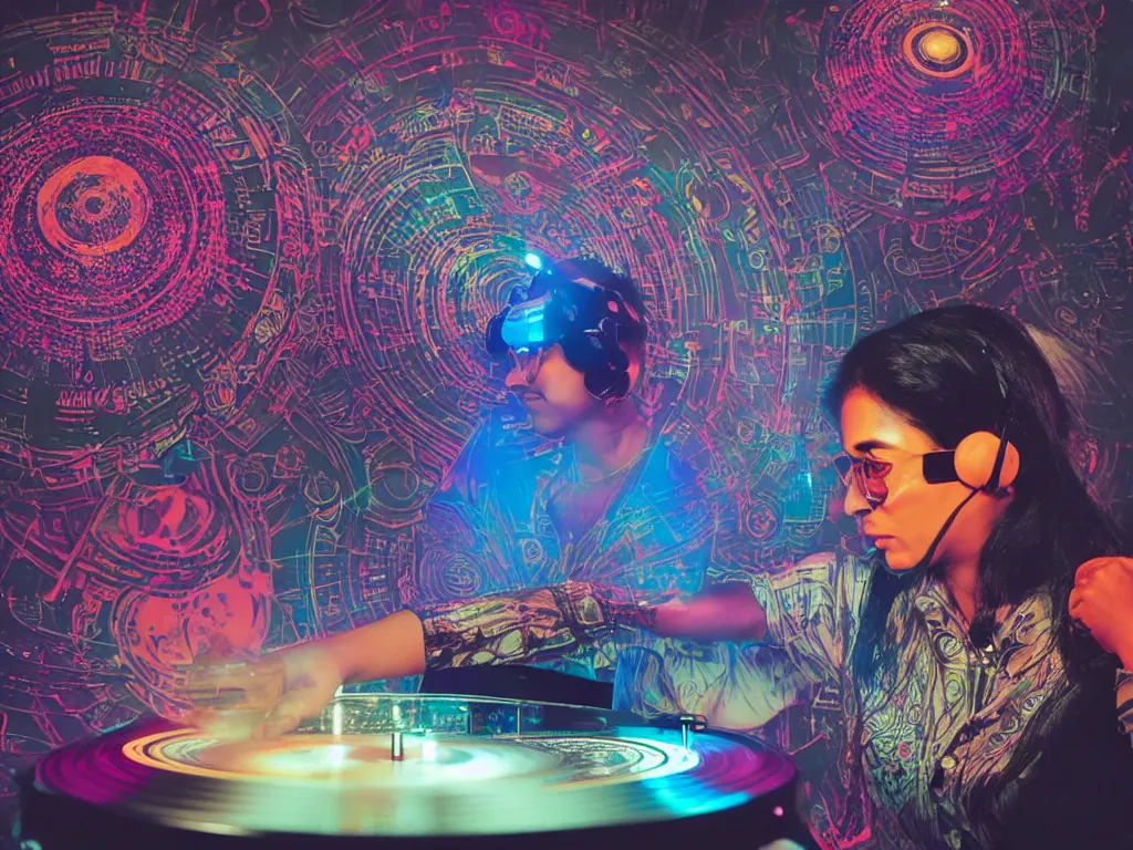 Prompt: an indian woman wearing goggles and visor and headphones using a retro record player contraption, microphone, speakers, turntablism dj scratching, screens, smoky atmosphere, intricate planetary gears, cinematic, imax, sharp focus, leds, bokeh, iridescent, black light, fog machine, hazy, lasers, hologram, hyper color digital art