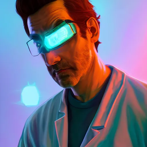 Image similar to portrait of rick sanchez, lab coat and tee shirt, lens flare, atmosphere, glow, detailed, intricate, full of colour, cinematic lighting, trending on artstation, 4 k, hyperrealistic, focused, extreme details, unreal engine 5, cinematic, masterpiece