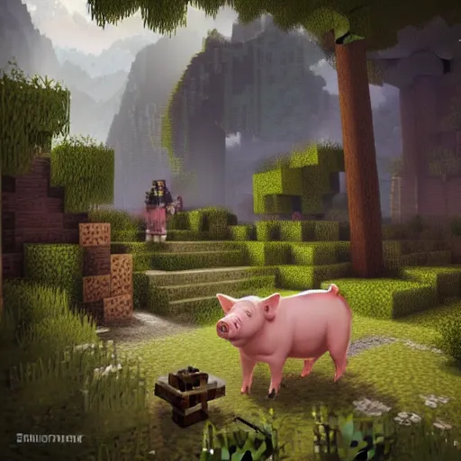 Image similar to a minecraft pig in skyrim by Stanley Artgerm Lau, greg rutkowski, thomas kindkade, alphonse mucha, loish, norman Rockwel