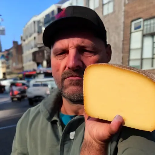 Image similar to photo of a very suspicious man holding cheese