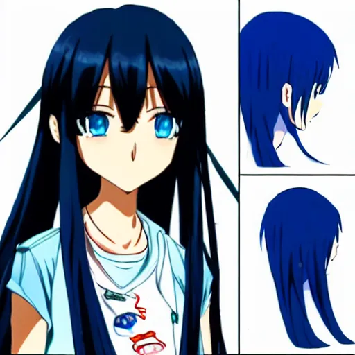 Prompt: Ami is a 14 year old anime girl who has short, very dark blue hair that reaches her neck, and dark blue eyes. She stands at about 157 cm or 5 feet 2 inches. She is shy and wears trendy clothes