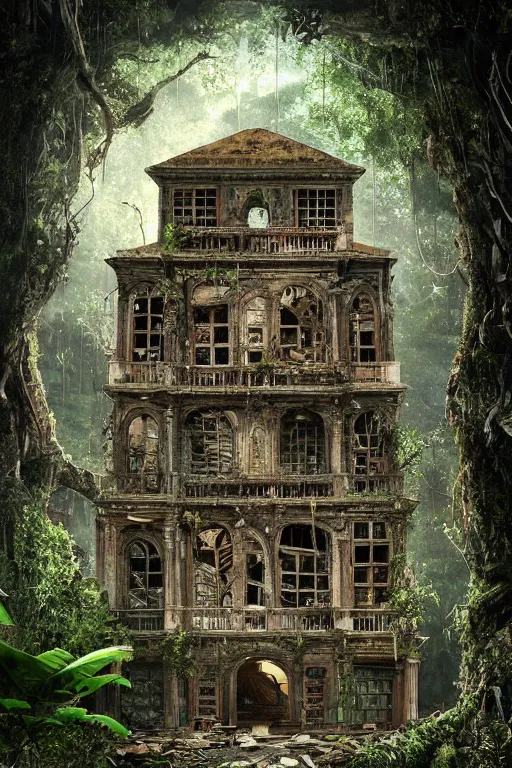 Prompt: a ( ( decaying old library ) ) with a rainforest - tree growing inside, highly detailed, intricate detail, magical lighting, dramatic scenery, beautiful 3 d rendering, octane render, trending on artstation