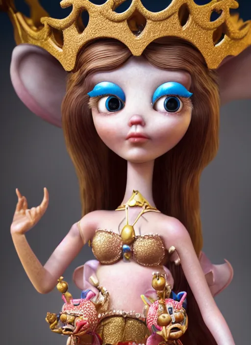 Image similar to highly detailed closeup, face profile portrait of a tin toy fairytale princess wearing a crown eating cakes, bikini, unreal engine, by nicoletta ceccoli, mark ryden, lostfish, dan decarlo, bob clampett, max fleischer, global illumination, detailed and intricate environment