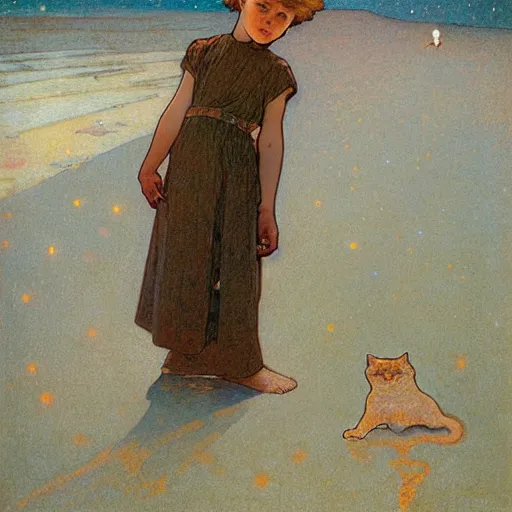 Image similar to a boy and a cat,walking on the sand,starry sky by Mucha,highly details,oil painting