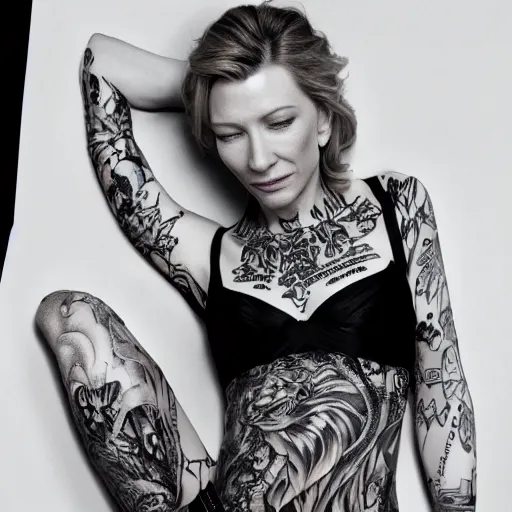 Prompt: full body tattooed cate blanchett,japanese, highly detailed, photorealistic, 4k