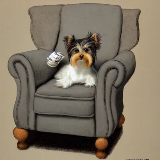 Image similar to gray Yorkie dog sitting on a white leather recliner, extremely detailed masterpiece, illustration, by Michael Sowa,