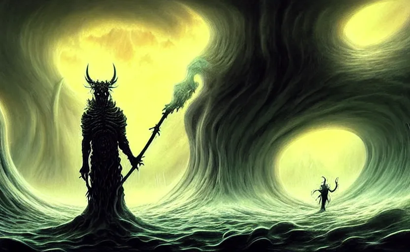 Image similar to beautiful digital fantasy illustration of a demon holding a staff!!, hellish background, a giant wave in the sky, apocalypse art!!!!, apocalypse landscape!!!!!, lovecraftian!!, cosmic horror!!!, concept art by Jarosław Jaśnikowski, a detailed matte painting by Dan Luvisi, cgsociety, fantasy art, highly detailed, soft lighting, rendered in octane, masterpiece, very very very aesthetic