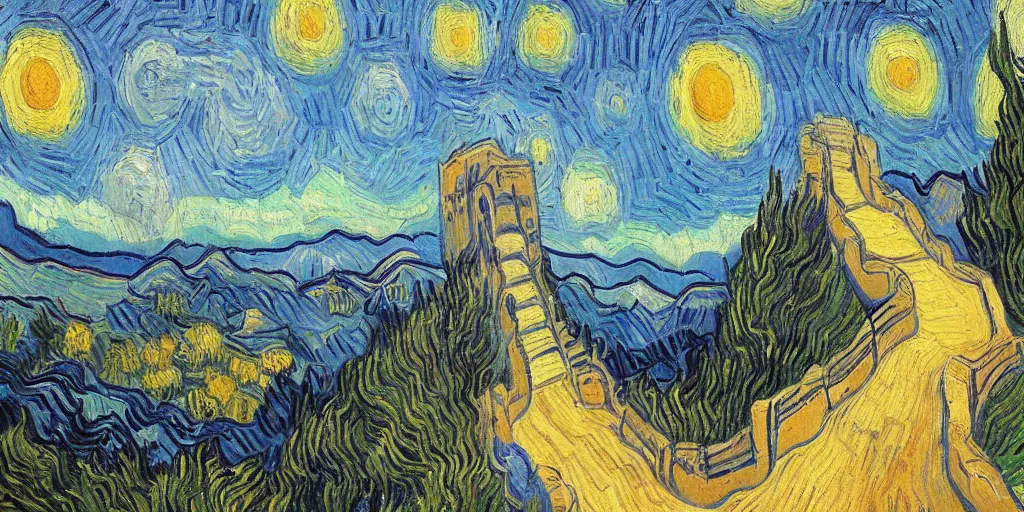 Prompt: Great Wall, Van Gogh-style oil painting