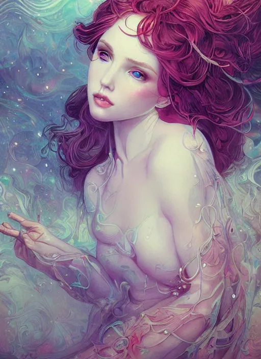 Image similar to of ethereal fantasy, young beautiful Amouranth, elegant, ethereal dreamy light, art by James Jean, james jean pastiche