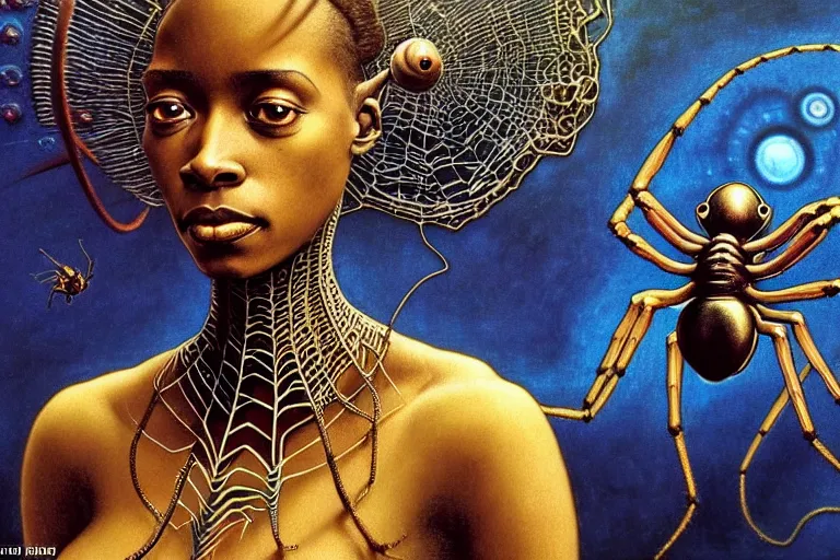 Image similar to realistic detailed portrait movie shot of a beautiful black woman riding a giant spider, dystopian city landscape background by denis villeneuve, amano, yves tanguy, alphonse mucha, max ernst, ernst haeckel, kehinde wiley, jean delville, david lynch, roger dean, cyber necklace, rich moody colours, sci fi patterns, dramatic, wide angle