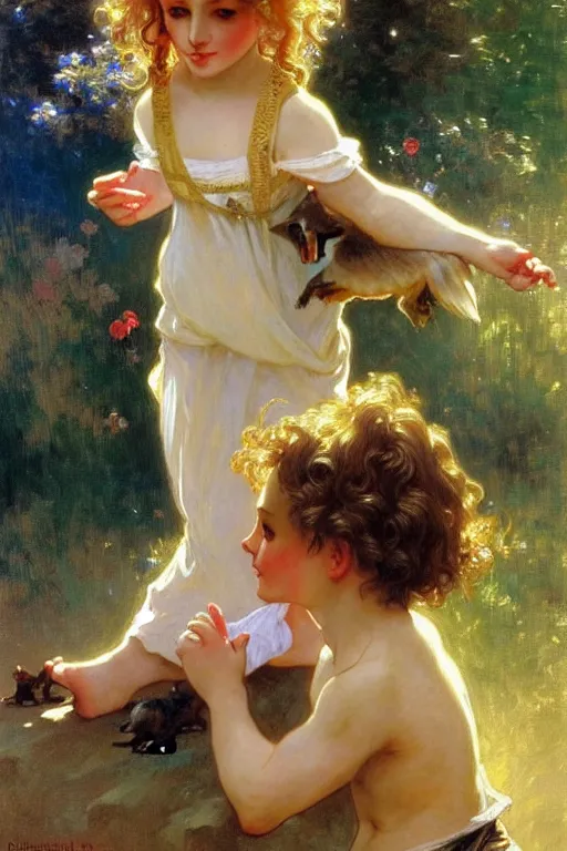 Prompt: a seven - year old with curly dirty blonde hair, blue eyes, tan skin playing with foxes, painting by daniel gerhartz, alphonse mucha, bouguereau, detailed art, artstation