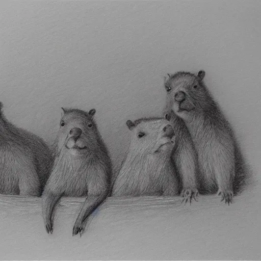 Image similar to pencil sketch of four capybaras in hot tub, realistic, shaded