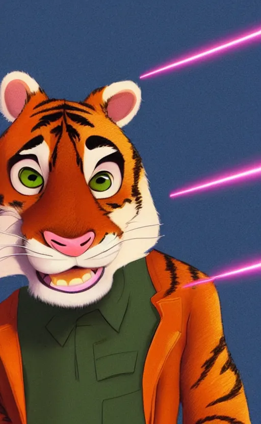 Image similar to “portrait of tiger in the style of the movie zootopia holding a laser gun, with a dark background behind him”