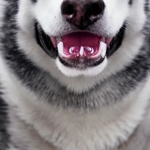 Prompt: extreme closeup photograph of a husky dog showing its teeth. teeth visible and very detailed. hyperrealistic photo. extreme detail. focus on the dog face. anatomically perfect. wet fur. wagging tail.