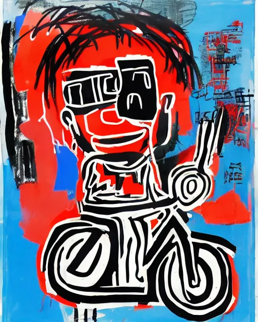 Prompt: asian school boy riding moped in the style of jean - michel basquiat, makoto kobayashi