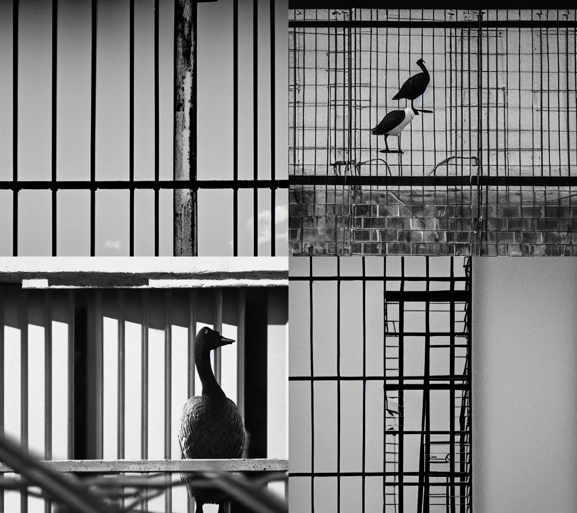 Prompt: Joachim Brohm photo of 'canada goose perched behind jail bars', high contrast, high exposure photo, monochrome, DLSR, grainy, close up