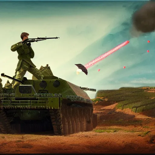 Prompt: Watermelon as military vehicle with epic weapons, launching rockets on a battlefield in russian city as background. More Military vehicle less watermelon . Concept digital 3D art in style of Caspar David Friedrich, super rendered in Octane Render, epic RTX dimensional dramatic light