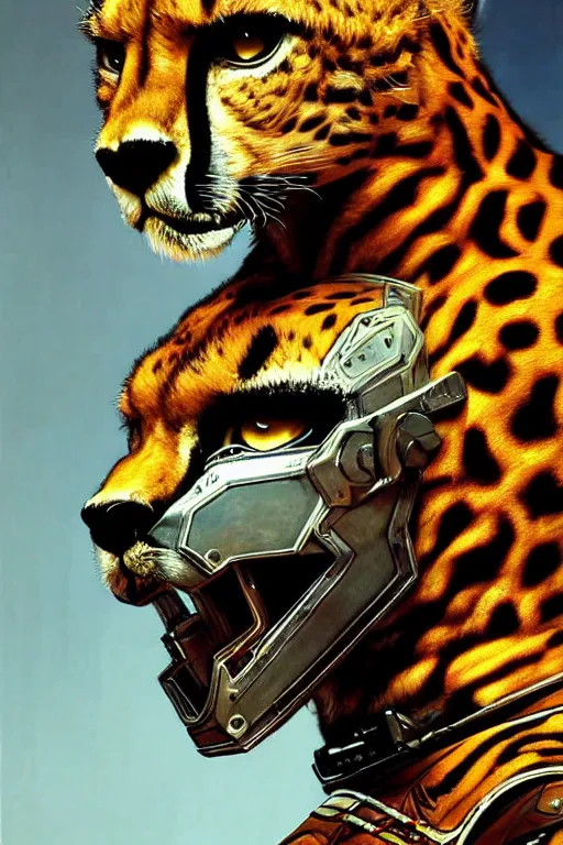 Image similar to a portrait of a muscular anthropomorphic cyberpunk cheetah in spacesuit armor with ensignia on chest plate by sandra chevrier, by jon foster, detailed render, post - processing, extremely hyperdetailed, intricate, epic composition, cybernetics, 4 k realistic, cryengine, realistic shaded lighting, sharp focus, masterpiece, by enki bilal