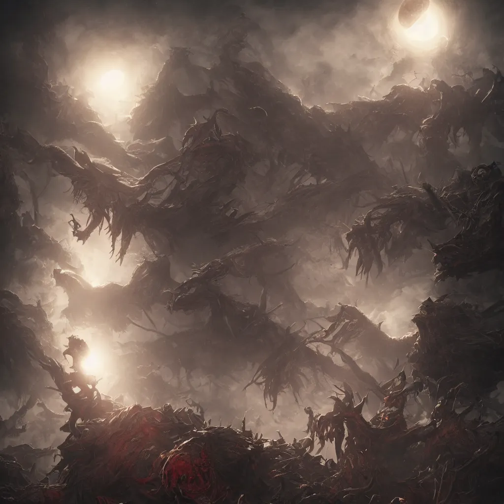 Image similar to berserk eclipse, blood, nightmare, rossdraws, norman rockwell, emiliano ponzi, epic composition, hd, octane, unreal engine, volumetric lighting, light rays, masterpiece, award - winning