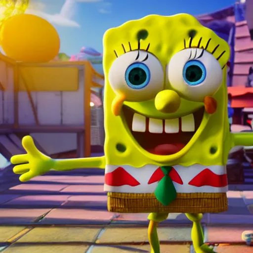 Prompt: full body shot of insanely detailed 3 d spongebob, playing with toys, global illumination, cinematic framing, unreal engine 5, ray tracing