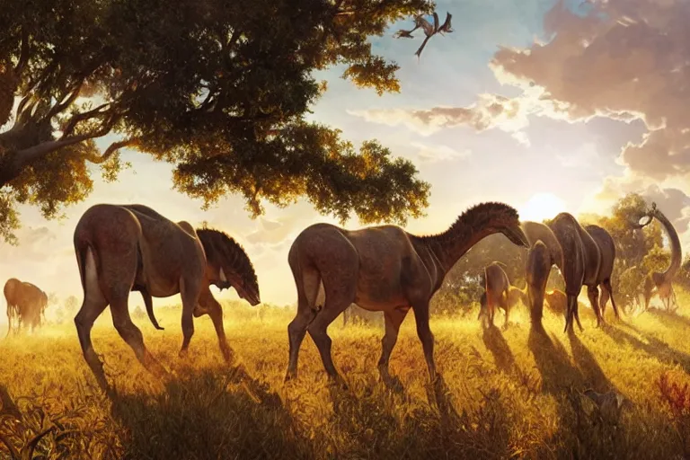 Image similar to a herd of pentasaurus grazing in a warm, sun-filled Savannah at the golden hour, water color, art by artgerm and greg rutkowski and alphonse mucha and jin xiaodi and anthony devine