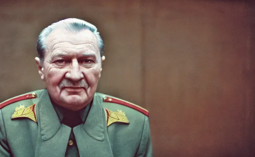 Image similar to 50s movie still close-up portrait of an elder soviet general in a empty stalinist hall, by David Bailey, Cinestill 800t 50mm eastmancolor, heavy grainy picture, very detailed, high quality, 4k, HD criterion, precise texture and facial expression